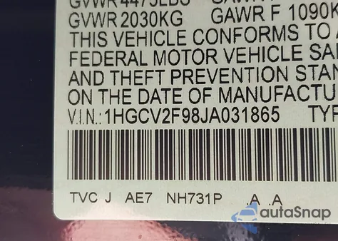 2018 Honda Accord Touring 2.0T z USA, uszkodzony, nr VIN 1HGCV2F98JA031865